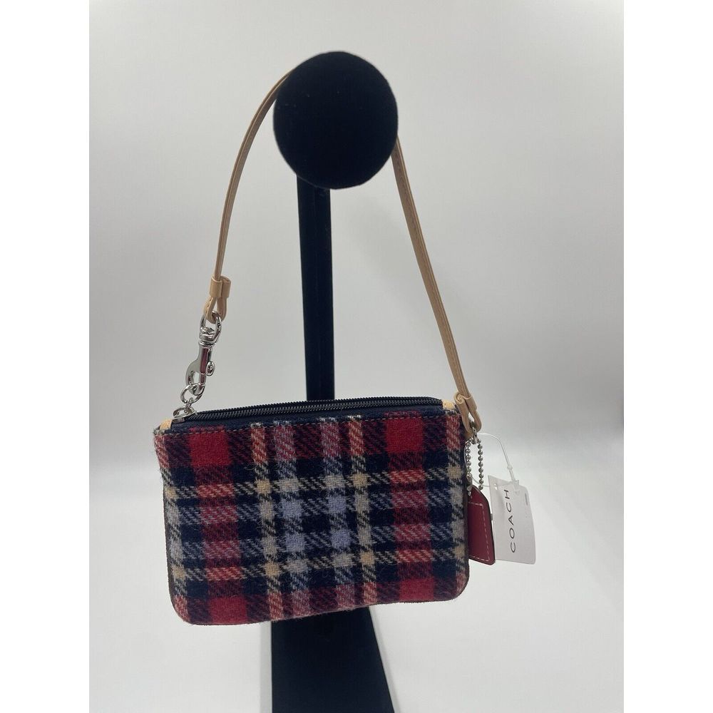 COACH Vintage Holiday Tartan Plaid Wool Skinny Wristlet Leather Trim Clutch